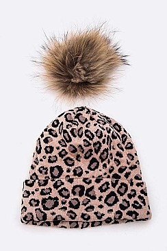 Leopard Print Fur Pom Knit Beanie