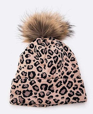 Leopard Print Fur Pom Knit Beanie