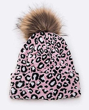 Leopard Print Fur Pom Knit Beanie