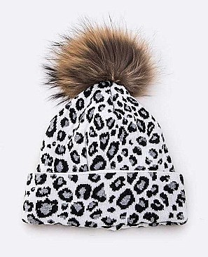 Leopard Print Fur Pom Knit Beanie