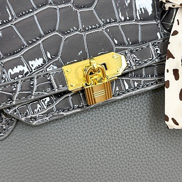 Large Size Scarfed Croc Combo Satchel Handbag