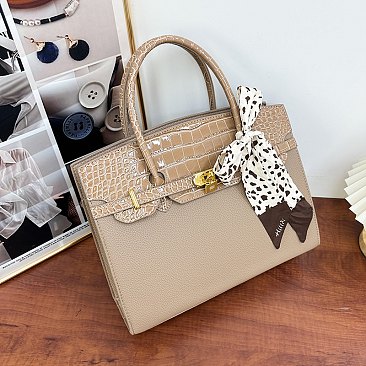 Large Size Scarfed Croc Combo Satchel Handbag
