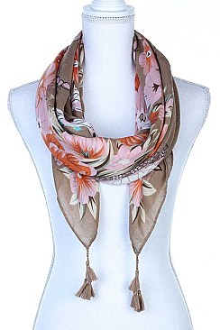 TASSELED FLORAL LONG SCARF