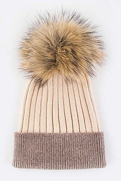 Trendy Raccoon Fur Pom-Pom 2-Tone Beanie