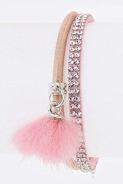 Pack of 12 Fur Pom Charm & Crystal Layer Bracelet