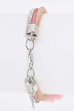 Pack of 12 Fur Pom Charm & Crystal Layer Bracelet