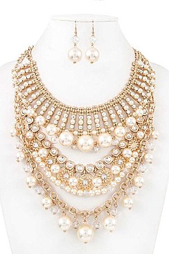CRYSTAL BEAD & PEARL BIB STATEMENT NECKLACE SET