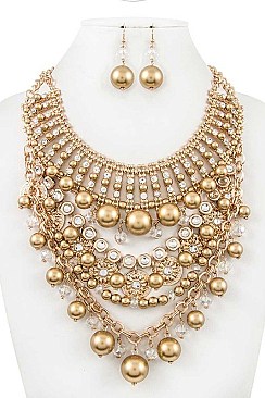 CRYSTAL BEAD & PEARL BIB STATEMENT NECKLACE SET