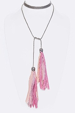 WRAPPED FABRIC TASSELS CHOKER NECKLACE