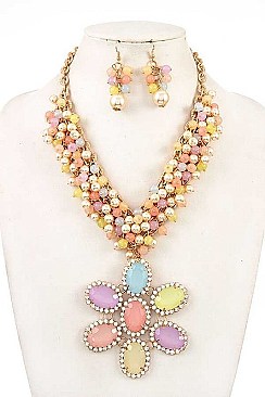 FLOWER PENDANT PASTEL BEADS NECKLACE SET