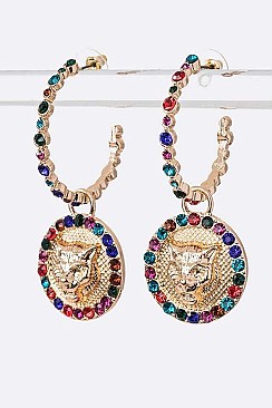 Crystal Lion Emblem Hoop Earrings