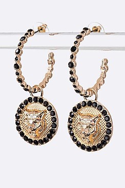 Crystal Lion Emblem Hoop Earrings