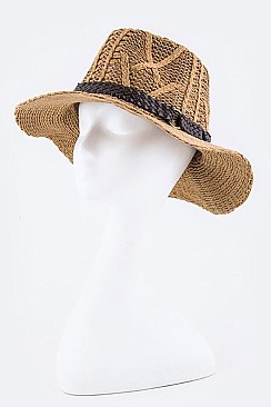 Woven Leather Band Chunky Knit Panama Hat LA3083DD