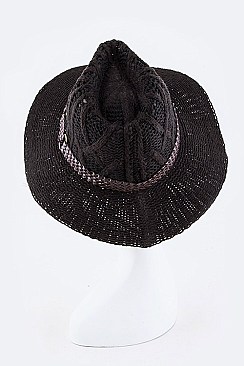 Woven Leather Band Chunky Knit Panama Hat LA3083DD