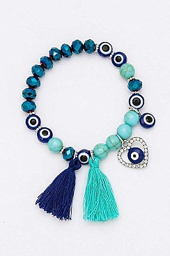Pack of 12 Evil Eye Bead & Tassel Stretch Bracelets Set