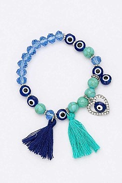 Pack of 12 Evil Eye Bead & Tassel Stretch Bracelets Set