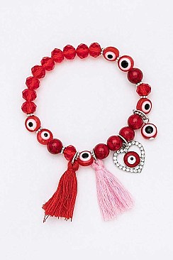 Pack of 12 Evil Eye Bead & Tassel Stretch Bracelets Set