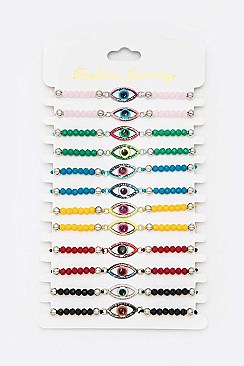 Pack of 12 Evil Eye & Mix Bead Drawstring Bracelets Set