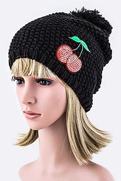 Chic Sequined Cherry Pom Pom Knit Beanie LA-EMH8543U