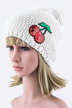 Chic Sequined Cherry Pom Pom Knit Beanie LA-EMH8543U