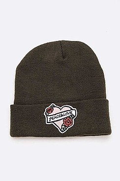 Fashion Peace Love Embroidered Patch Beanie