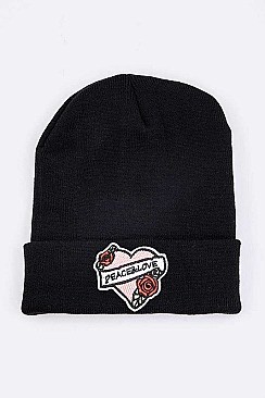 Fashion Peace Love Embroidered Patch Beanie