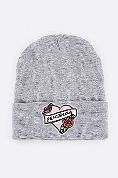 Fashion Peace Love Embroidered Patch Beanie