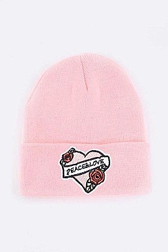 Fashion Peace Love Embroidered Patch Beanie