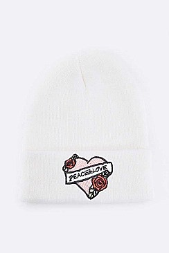 Fashion Peace Love Embroidered Patch Beanie