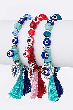 Pack of 12 Evil Eye Bead & Tassel Stretch Bracelets Set