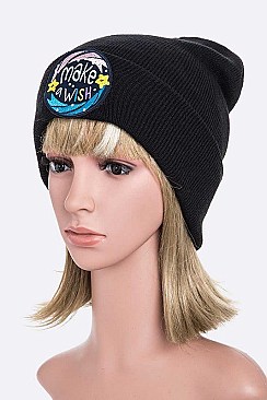 MAKE A WISH Embroidered Patch Winter Beanie