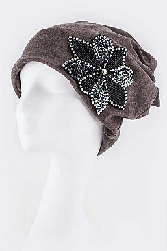 Fashionable Sequined Flower Patch Jersey Convertible Beanie LA-DT2626-MF106