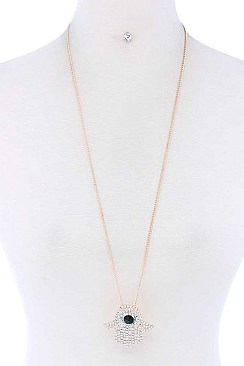 RHINESTONE HAMSA HAND LONG PENDANT NECKLACE