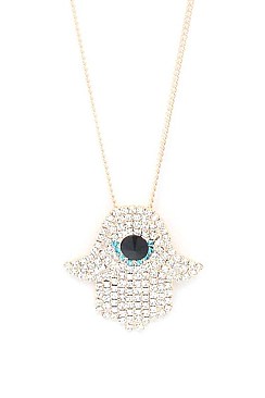 RHINESTONE HAMSA HAND LONG PENDANT NECKLACE