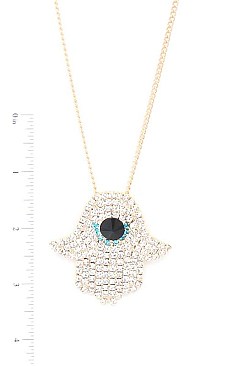 RHINESTONE HAMSA HAND LONG PENDANT NECKLACE