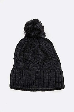 Pack of 12 Fleeced Chain Stitch Winter PomPom Beanie Set