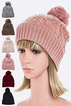 Pack of 12 Fleeced Chain Stitch Winter PomPom Beanie Set