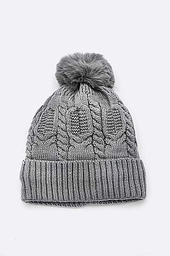 Pack of 12 Fleeced Chain Stitch Winter PomPom Beanie Set