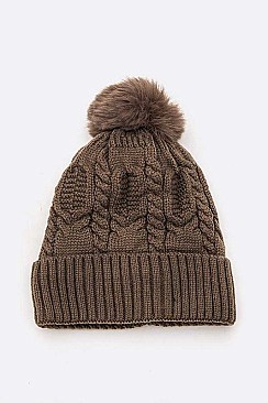 Pack of 12 Fleeced Chain Stitch Winter PomPom Beanie Set