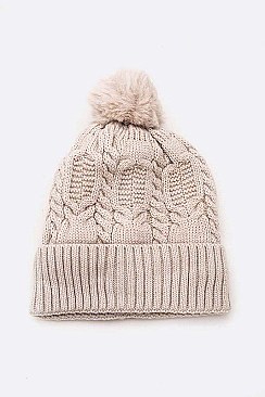 Pack of 12 Fleeced Chain Stitch Winter PomPom Beanie Set