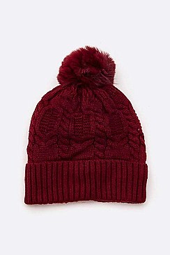 Pack of 12 Fleeced Chain Stitch Winter PomPom Beanie Set