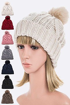 Pack of 12 Cable Knit PomPom Winter Beanie Set