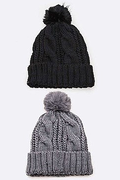 Pack of 12 Cable Knit PomPom Winter Beanie Set