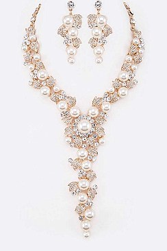FLOWER PEARL AND CRYSTAL STATEMENT NECKLACE SET