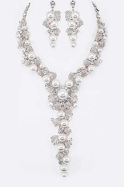 FLOWER PEARL AND CRYSTAL STATEMENT NECKLACE SET