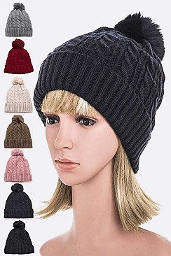 Pack of 12 Fleece Lined Cable Knit Winter Beanie Set