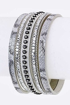 Trendy Crystal & Embossed Slit Leather Cuff LA-NB156