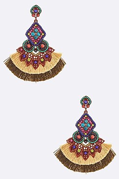 Tassel Fan Pave Crystal Drop Earrings