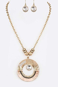 Metal Pendant  Crystal Accent Textured Necklace Set