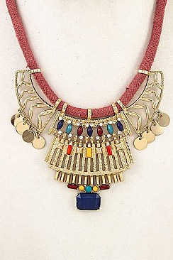METAL DISK BEAD ORNATE CORD NECKLACE SET